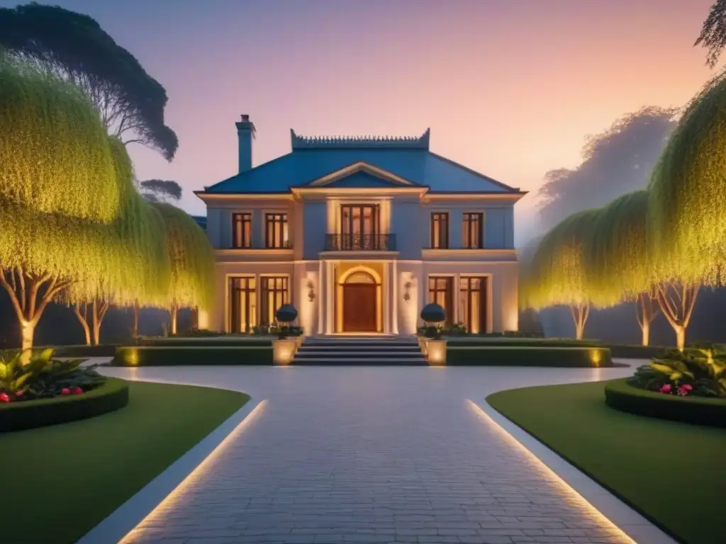 Iluminación de arquitectura de lujo en moderna mansión al anochecer