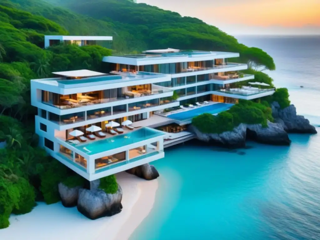 Resort de lujo en acantilado: arquitectura moderna y aguas turquesas Arquitectura de lujo en resort de tiempo compartido con vistas al mar turquesa y atardecer cálido