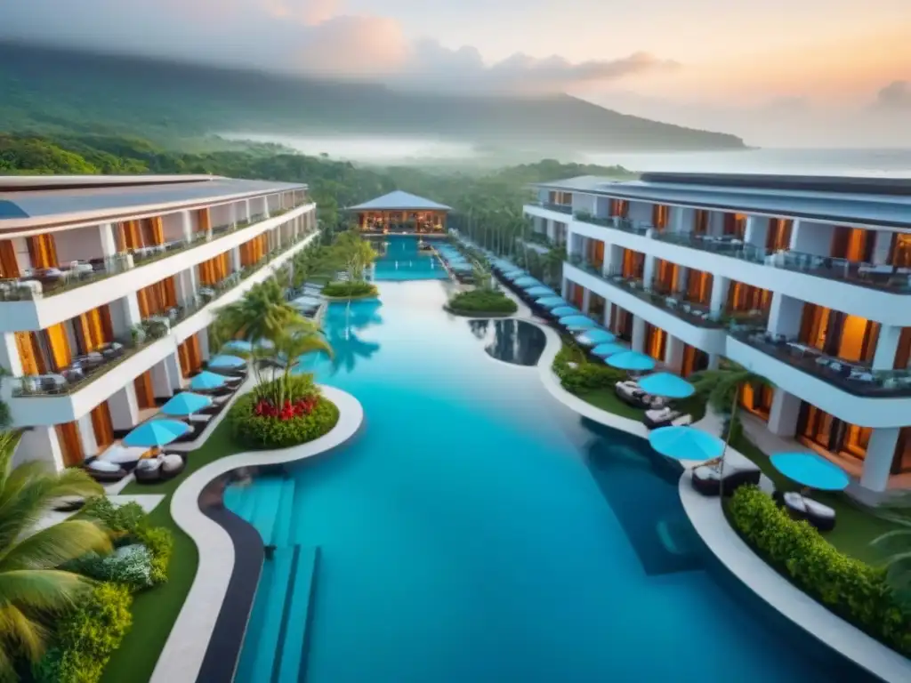 Resort de lujo en paraíso tropical con vistas a mar infinito Arquitectura de lujo en resorts de tiempo compartido, entre jardines tropicales y mar turquesa, al atardecer