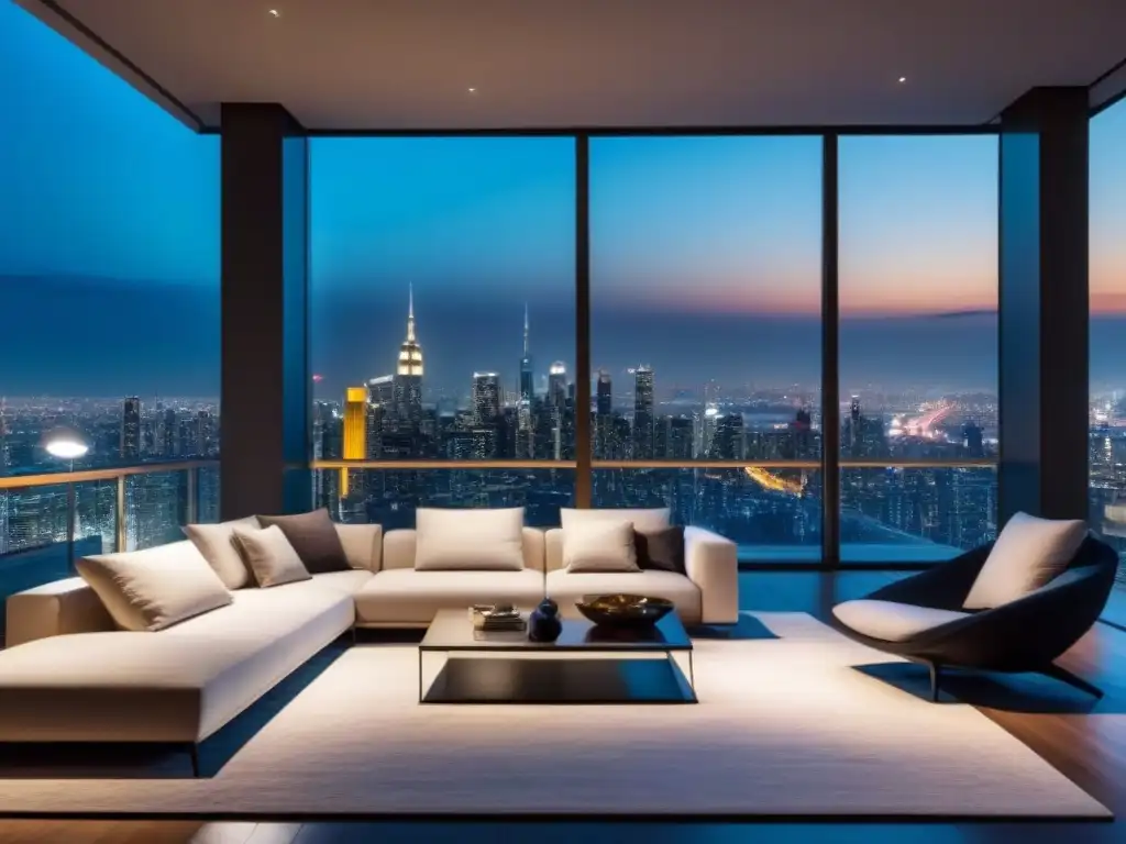 Iluminación en arquitectura de lujo: Sala moderna con vista nocturna de la ciudad, elegante decoración y cálida iluminación ambiental