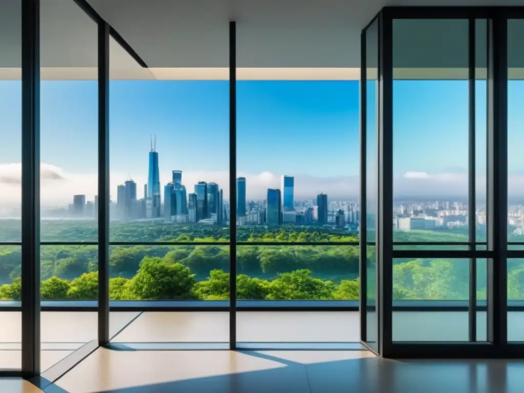 Edificio de oficinas moderno con cristaleras y vista panorámica Arquitectura moderna y transparente reflejando ética y compliance en el mercado inmobiliario