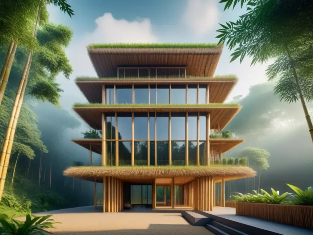 Arquitectura de bambú: detalle y sostenibilidad en 8k Arquitectura moderna en bambú resalta ventajas del bambú en construcción