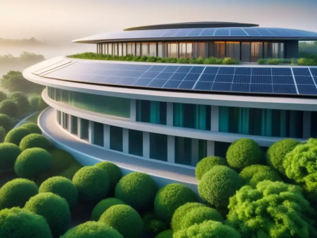 Complejo arquitectónico futurista sostenible en 8k Arquitectura sostenible en desarrollos internacionales: complejo futurista con diseño vanguardista y áreas verdes integradas