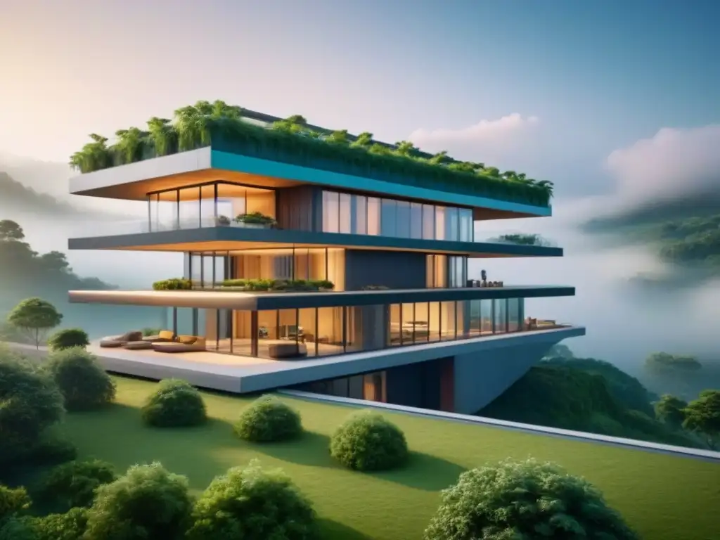 Edificio futurista sostenible en paisaje verde Arquitectura sostenible en desarrollos internacionales: Edificio futurista integrado en paisaje verde exuberante