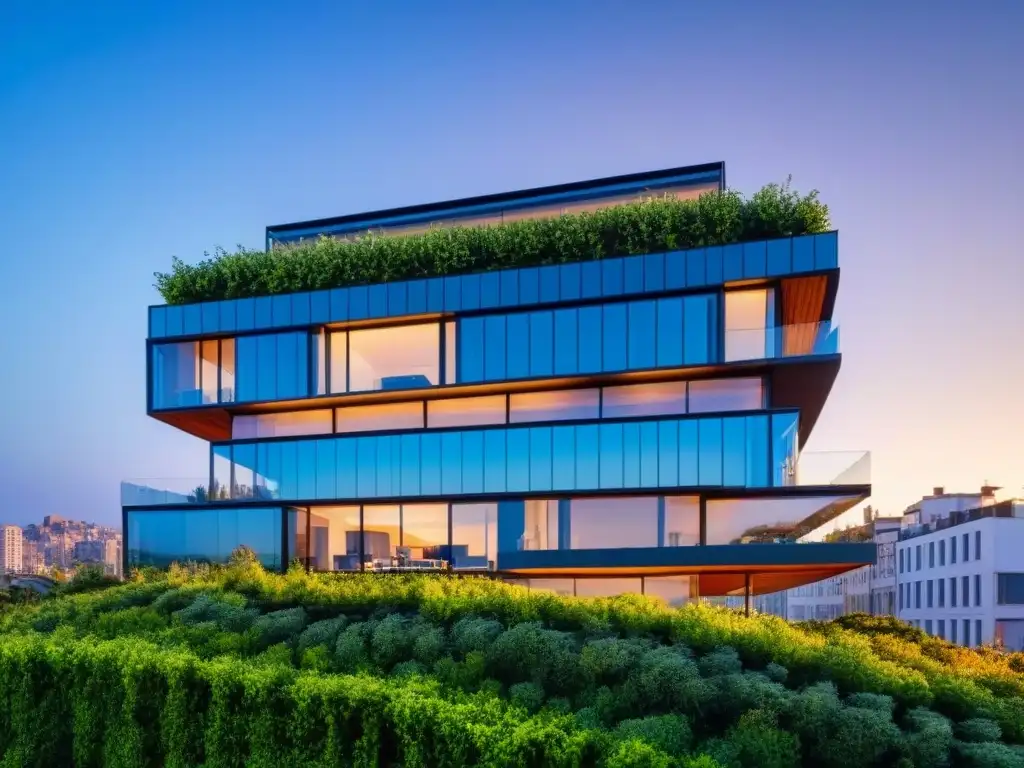 Edificio sostenible: diseño innovador y eficiencia energética Arquitectura sostenible: edificio de diseño innovador con paneles solares y jardín en la azotea, integrándose en la ciudad