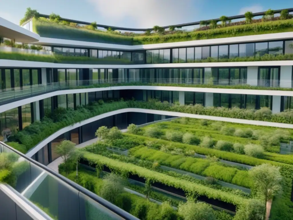 Arquitectura sostenible: Edificio ecoamigable integrado en la naturaleza Arquitectura sostenible con jardines verticales y paneles solares, integrados en el entorno natural