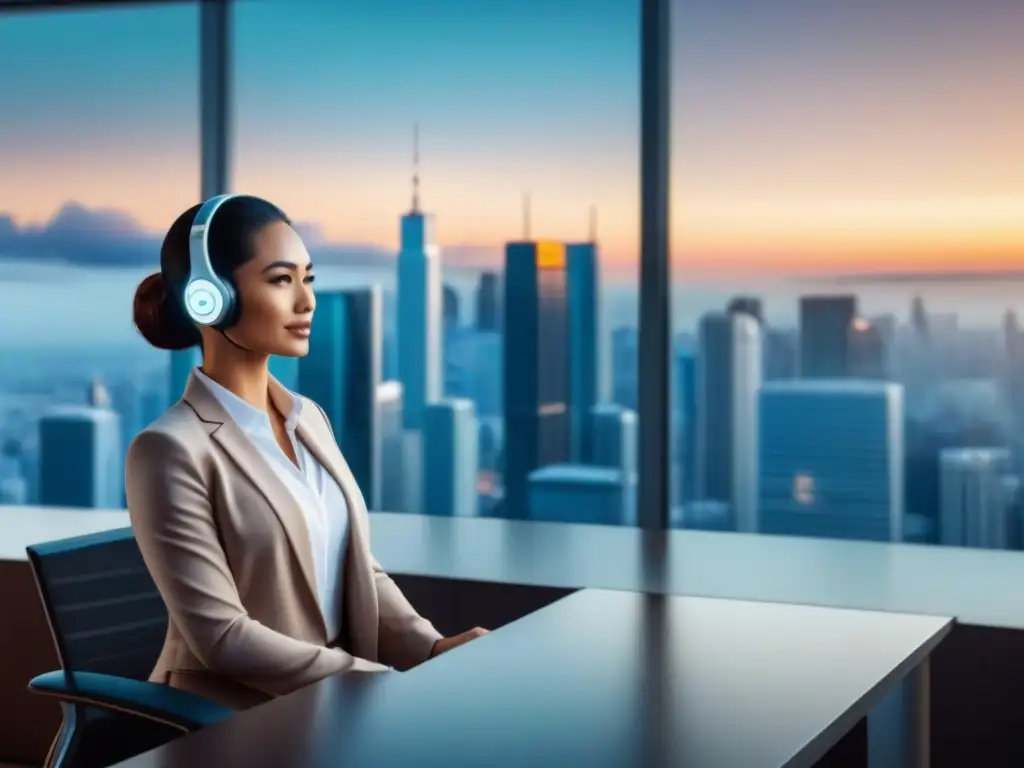 Oficina inmobiliaria futurista con chatbot AI interactuando Un asistente virtual de alta tecnología interactúa con clientes en una oficina inmobiliaria moderna