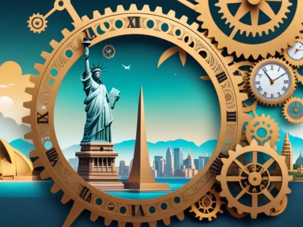 Interconexión global de monumentos: Leyes de tiempo compartido Un asombroso collage de hitos internacionales conectados por engranajes, representando las Leyes de tiempo compartido internacionales