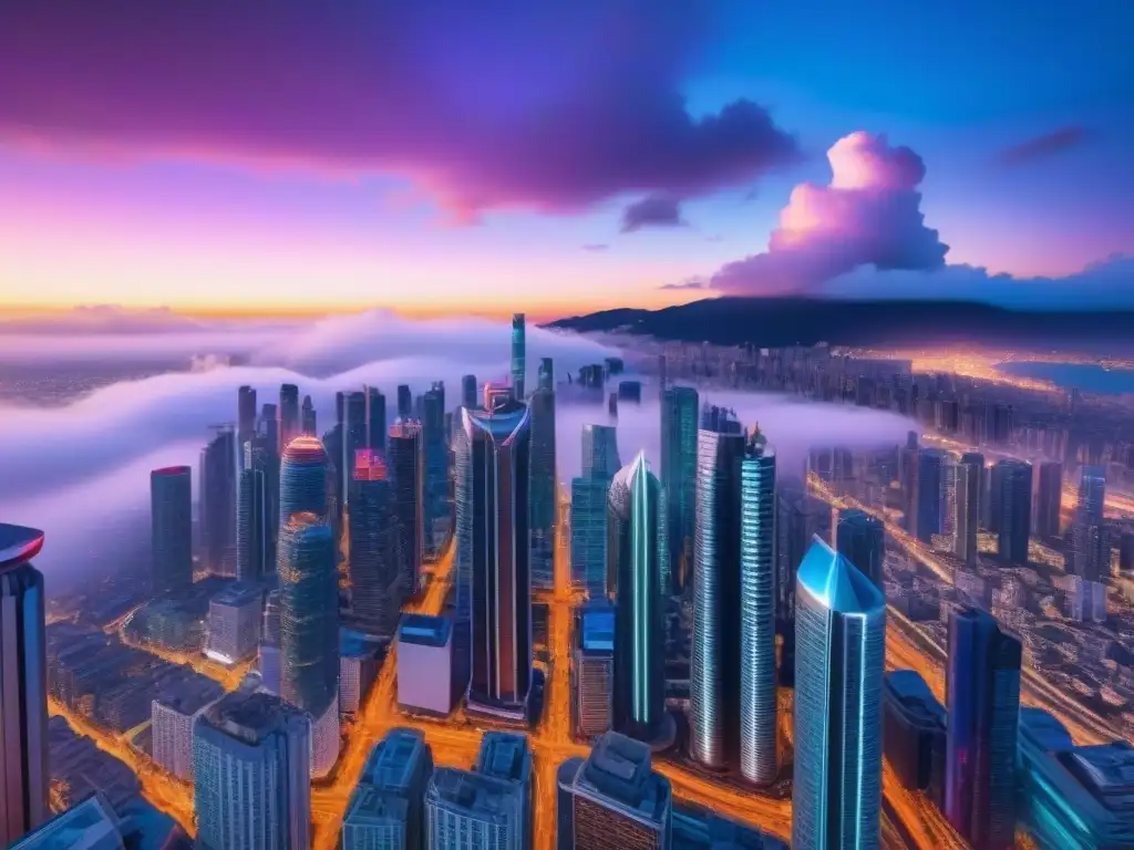 Metrópolis futurista: luces neón y tecnología avanzada Un asombroso paisaje urbano futurista al anochecer, con rascacielos relucientes y luces de neón vibrantes