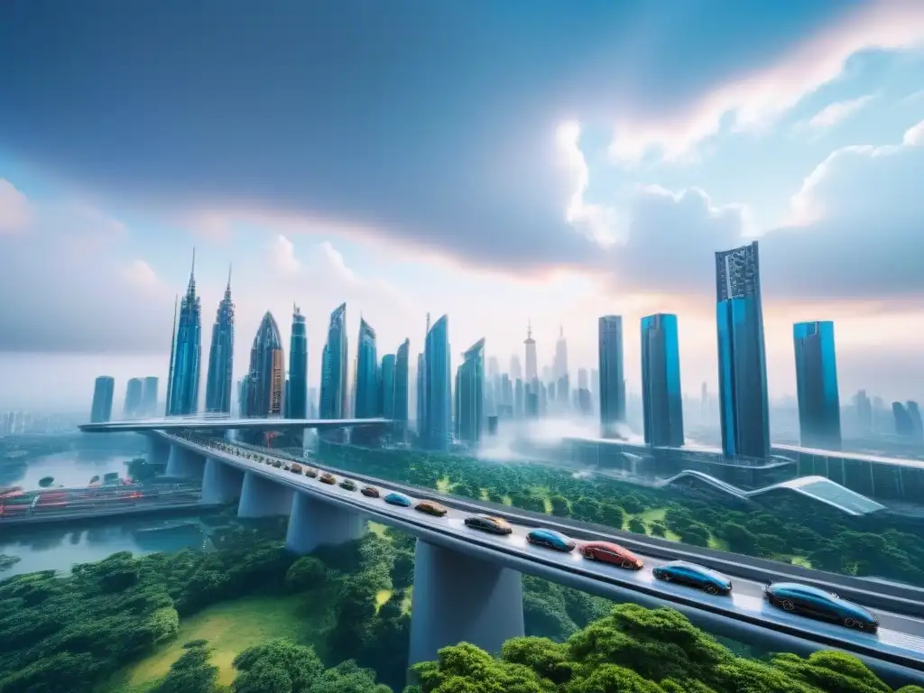 Metrópolis futurista: naturaleza y tecnología en armonía Un asombroso paisaje urbano del futuro con rascacielos relucientes y puentes interconectados, donde la naturaleza se fusiona con la tecnología