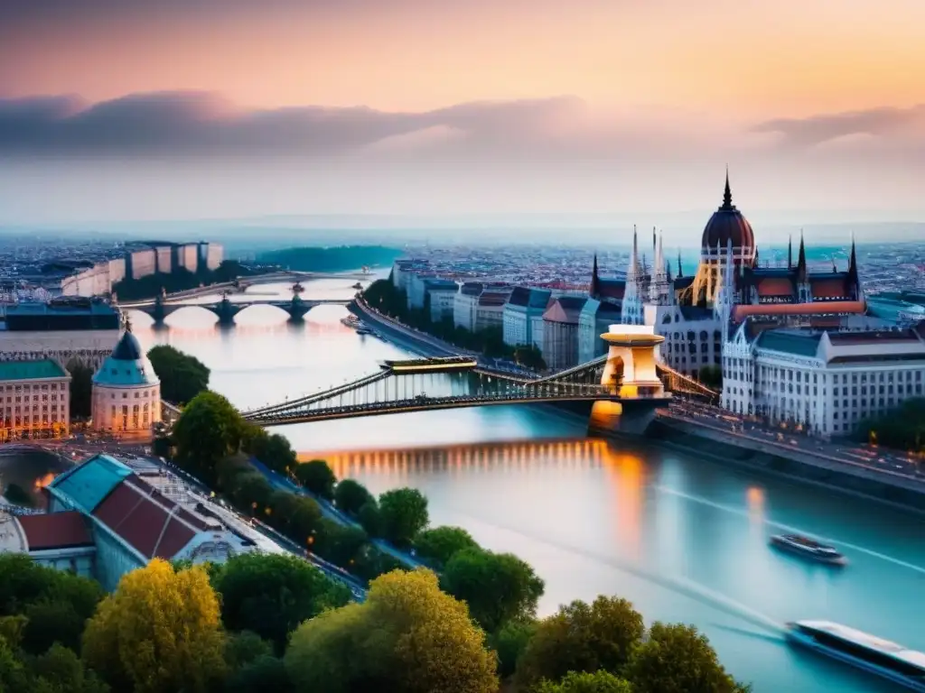 Vista aérea de Budapest al atardecer: Puente de las Cadenas y arquitectura histórica y moderna 'Atardecer en Budapest: Puente de las Cadenas sobre el Danubio, fusionando tradición y modernidad
