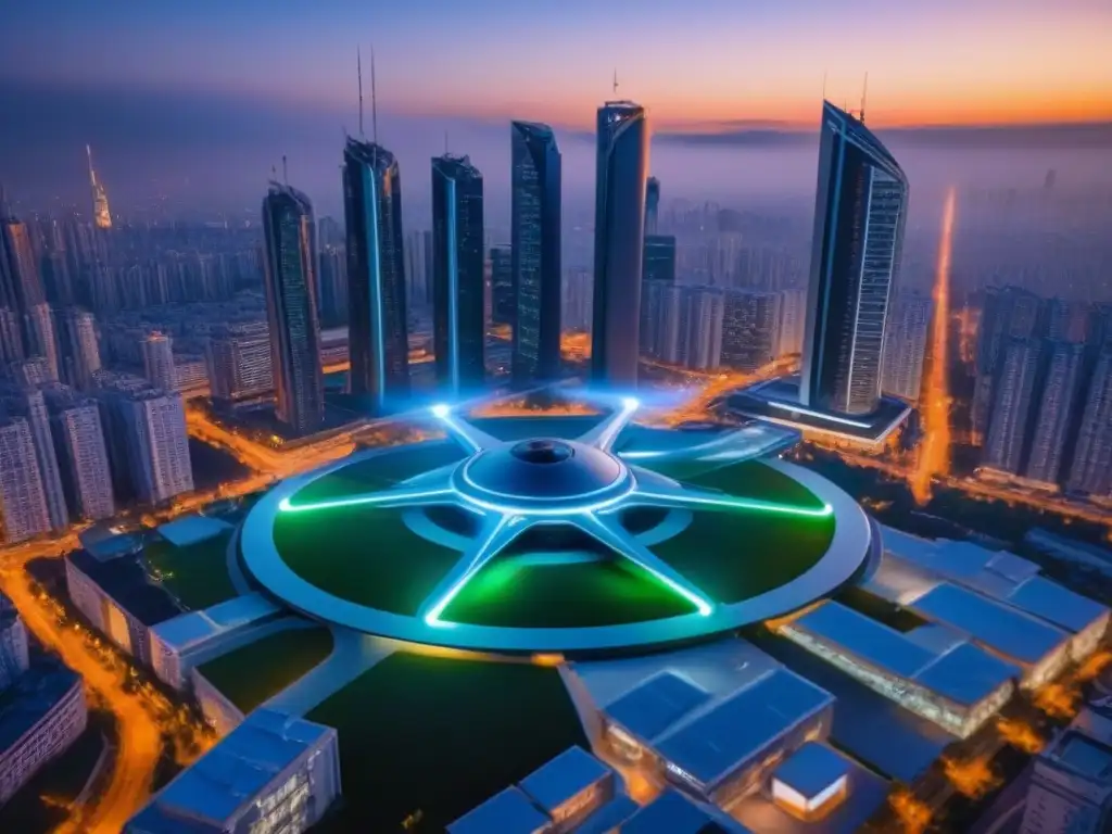 Vigilancia futurista: drones de seguridad en la ciudad Atardecer en la ciudad: drones de seguridad inmobiliaria con tecnología avanzada patrullan entre rascacielos