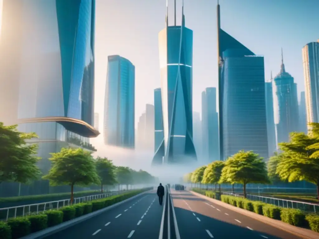 Metrópolis futurista: skyline 8k con rascacielos y parques verdes Atardecer en ciudad futurista con rascacielos y parques urbanos