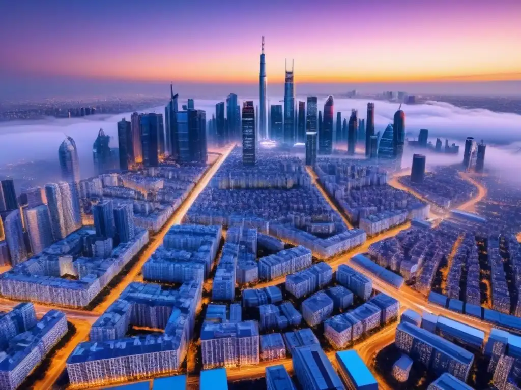 Metrópolis futurista: tecnología y PropTech en el mercado inmobiliario Un atardecer en una ciudad futurista con rascacielos y tecnología avanzada