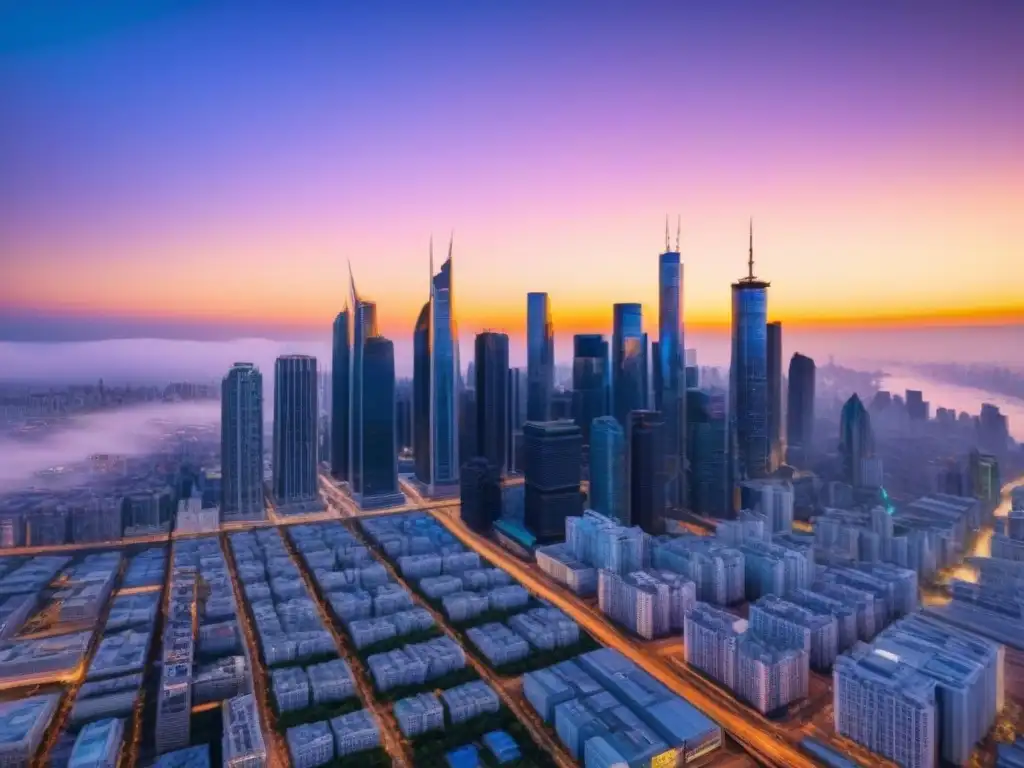 Metrópolis futurista: tecnología avanzada y realidades virtuales Un atardecer en la ciudad futurista, con rascacielos y tecnología avanzada, refleja la innovación en inspecciones de propiedades