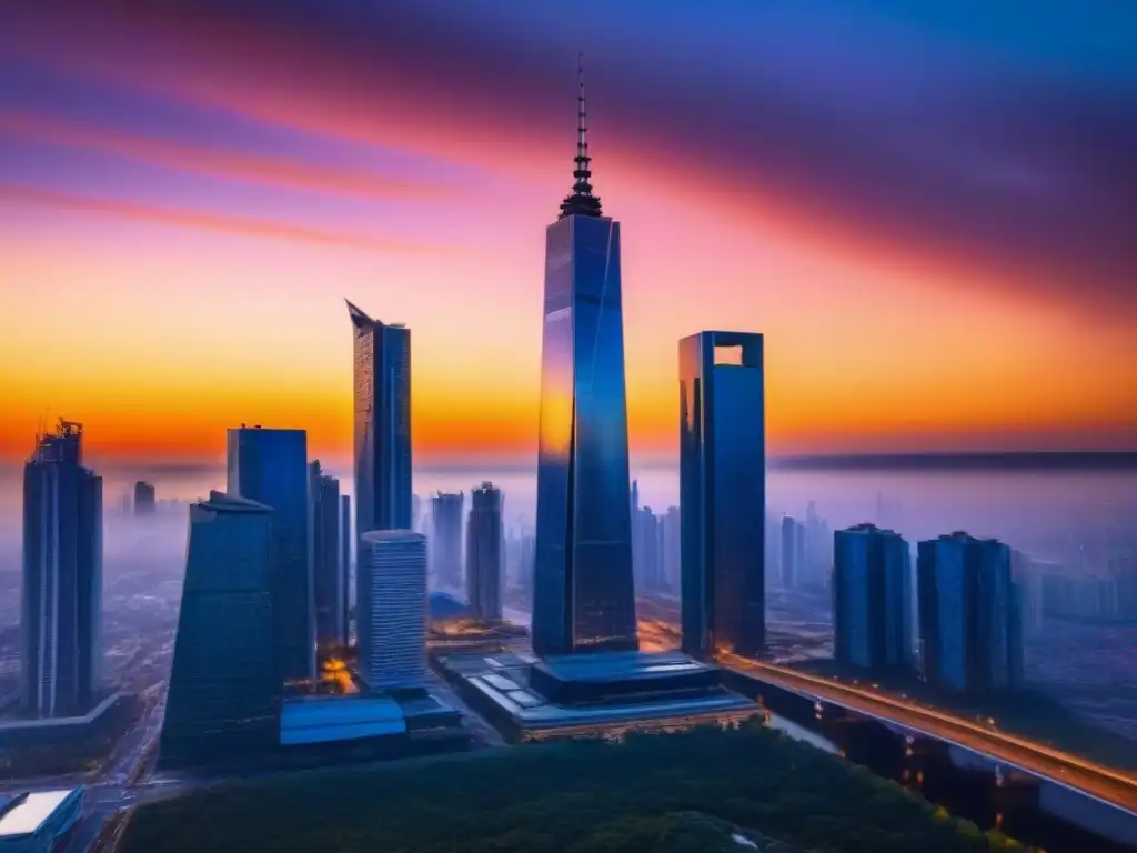 Horizonte urbano futurista: innovación y oportunidad 'Atardecer en ciudad futurista con rascacielos brillantes, simbolizando crecimiento e innovación en estrategias de inversión mercado inmobiliario
