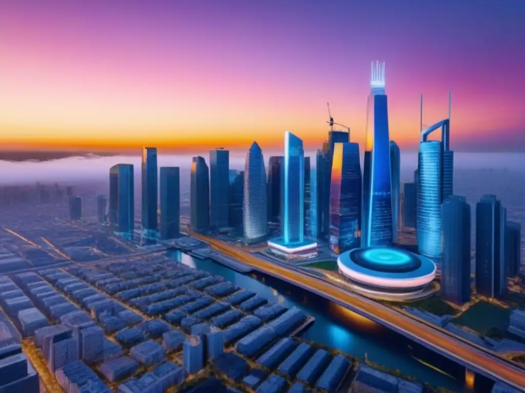 Metrópolis futurista: Valuaciones inmobiliarias en tiempo real Al atardecer, ciudad futurista con rascacielos de vidrio reflejando colores vibrantes