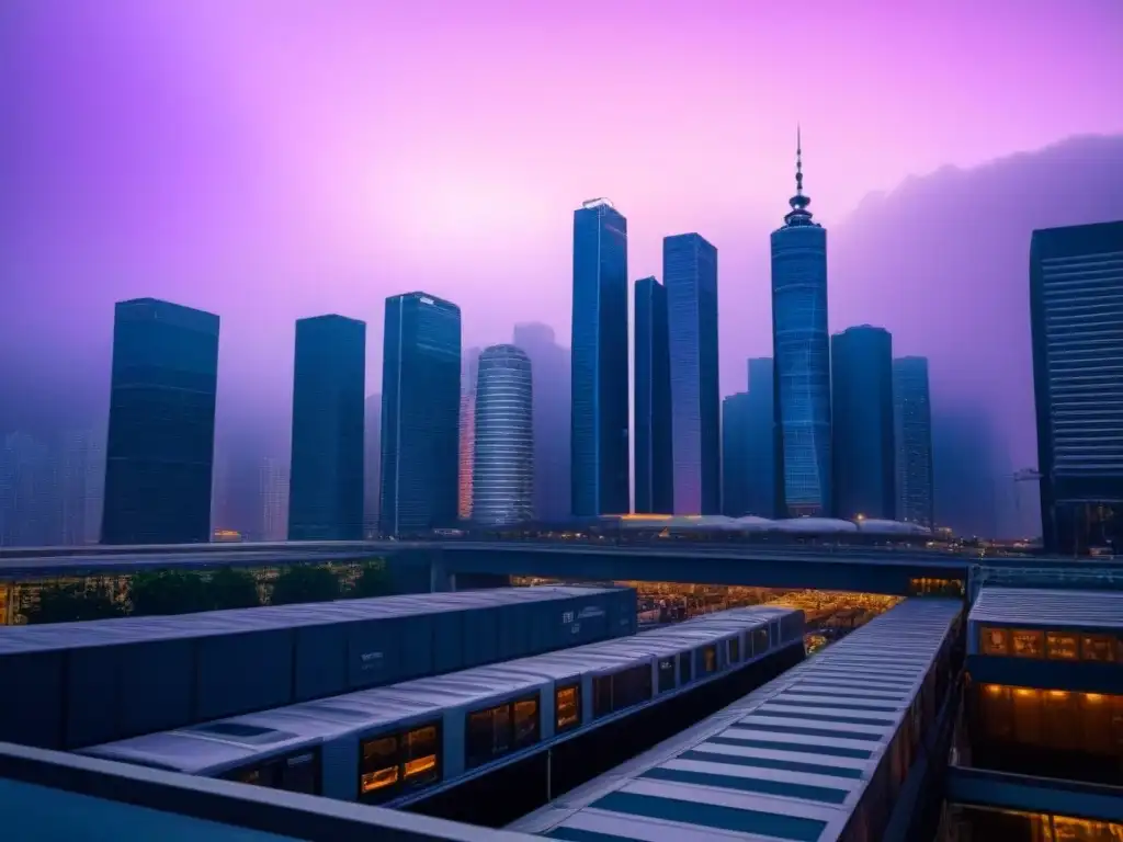 Skyline urbano al atardecer: diversidad, crecimiento y oportunidad 'Atardecer en ciudad moderna, rascacielos iluminados en mercado inmobiliario