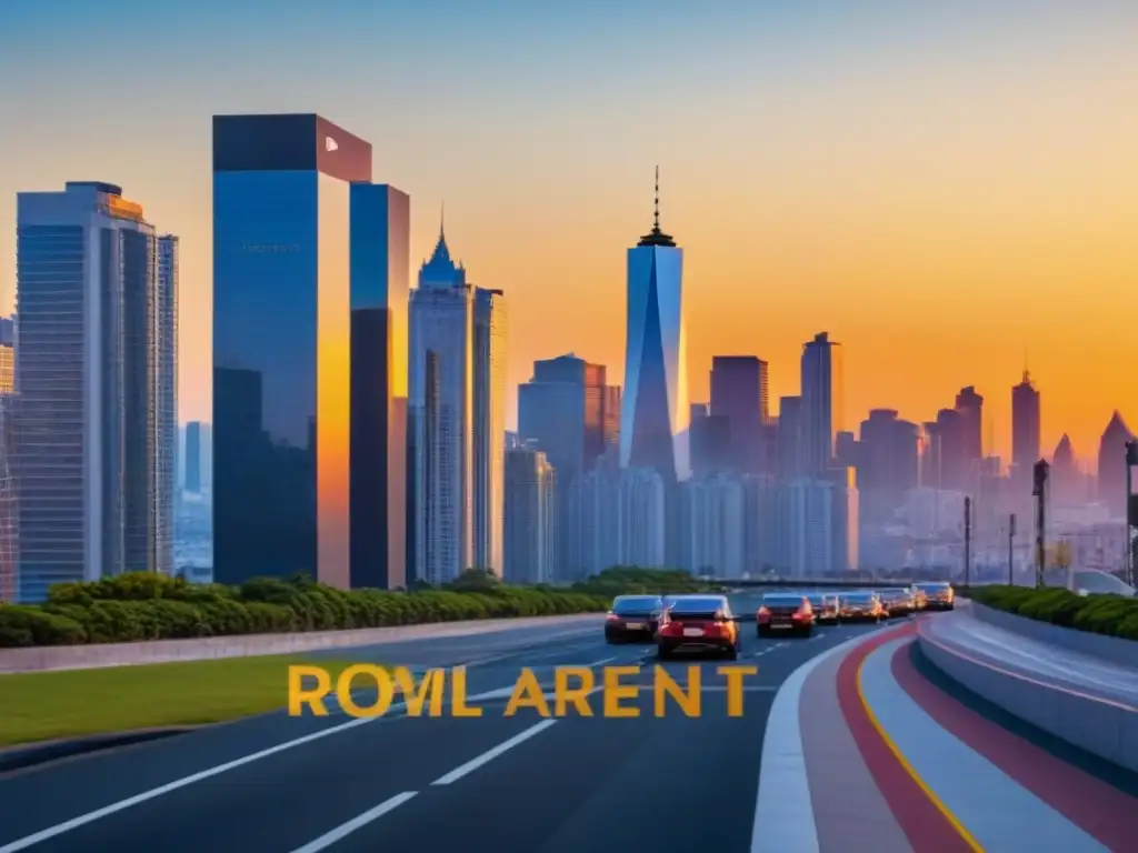 Atardecer en la ciudad moderna con rascacielos y gente caminando en la calle