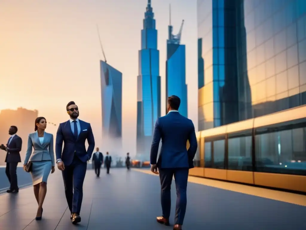 Horizonte urbano moderno al atardecer: finanzas internacionales en acción 'Atardecer en la ciudad moderna y vibrante, reflejando rascacielos con fachadas de vidrio, iluminados por luz cálida