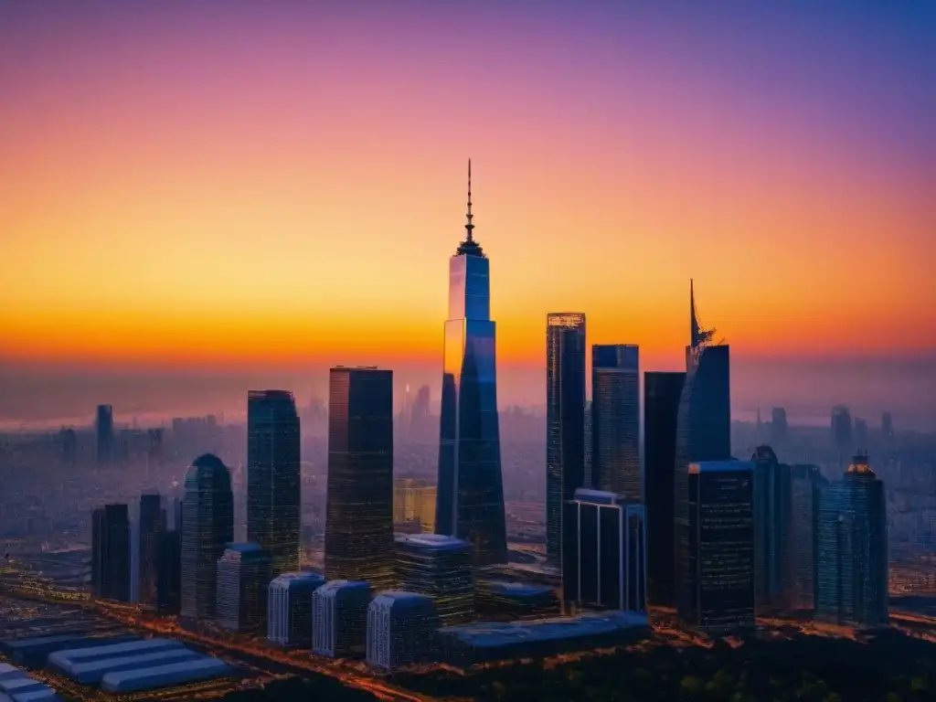 Horizonte urbano al atardecer: escena dinámica de inversores inmobiliarios Atardecer en la ciudad con profesionales discutiendo sobre estrategias de ingresos pasivos REITs