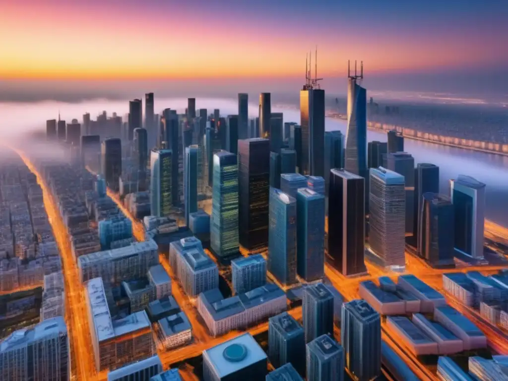 Metrópolis dorada: Real Estate en la era digital Un atardecer en la ciudad con rascacielos modernos iluminados por el sol, reflejando el marketing inmobiliario en redes sociales