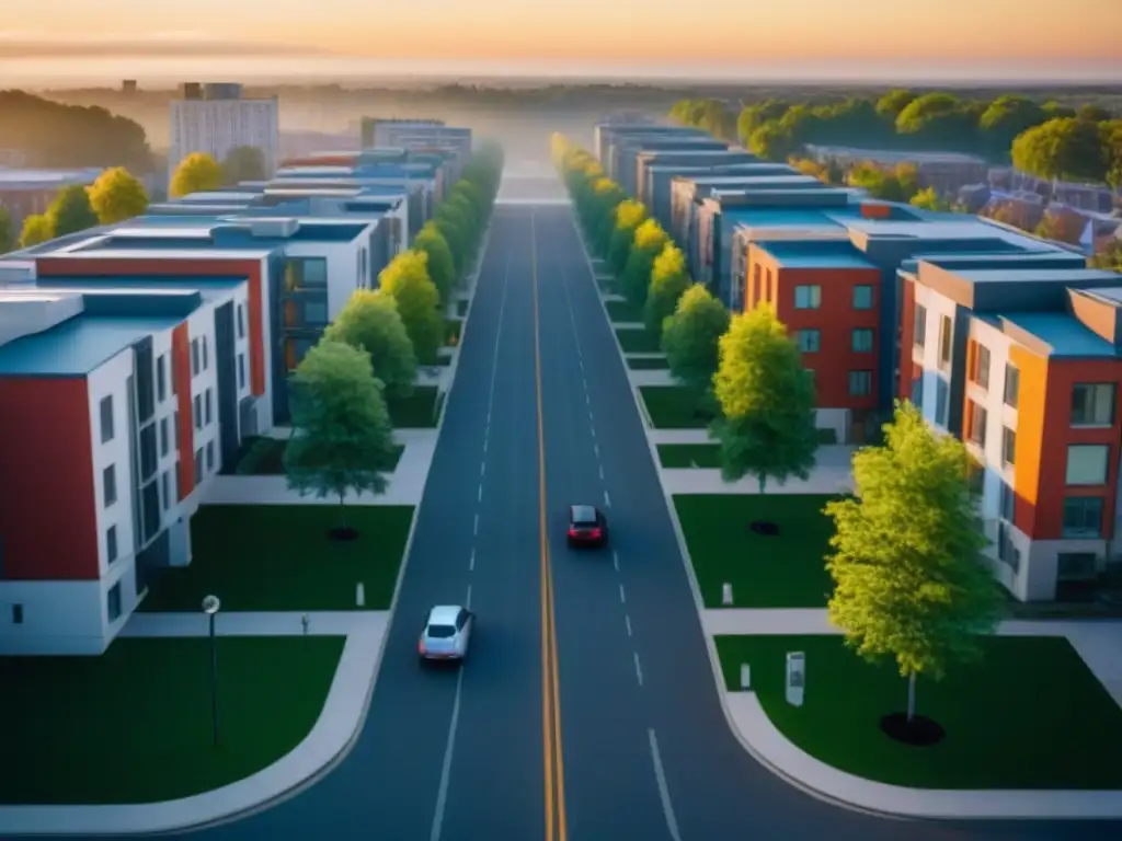 Universidad urbana al atardecer: arquitectura moderna y vida estudiantil Atardecer en ciudad universitaria con modernos edificios y naturaleza, ideal para propiedades inmobiliarias rentables áreas universitarias