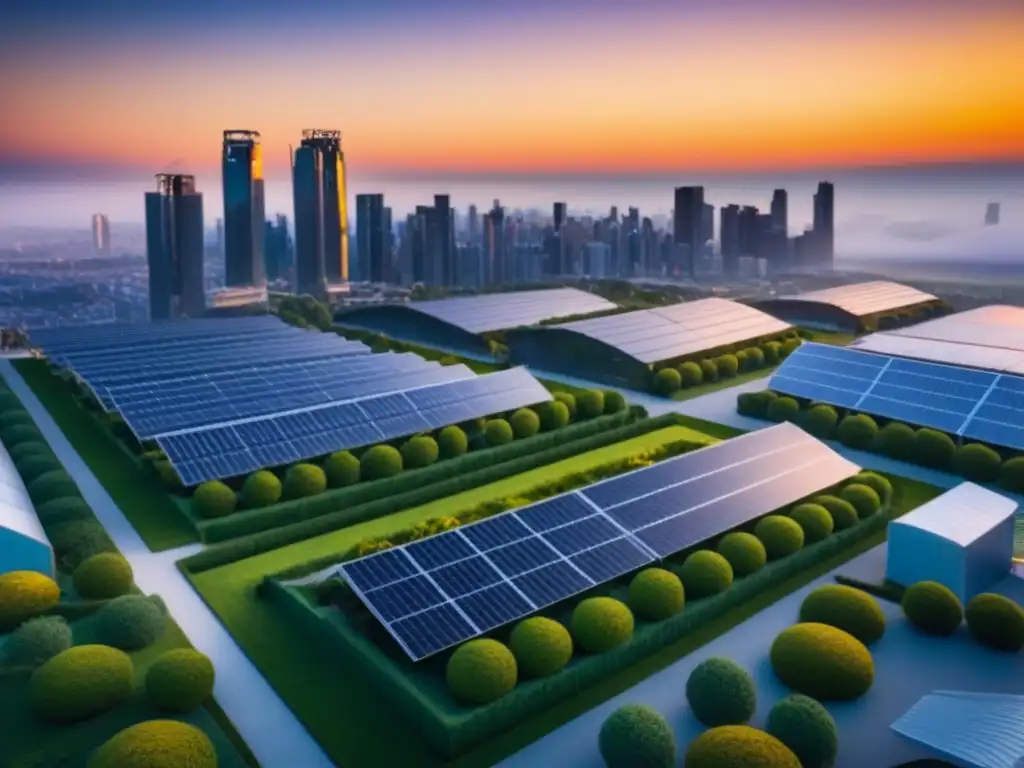 Horizonte sostenible: ciudad verde al atardecer en 8k Atardecer sobre ciudad verde con incentivos fiscales para propiedades verdes