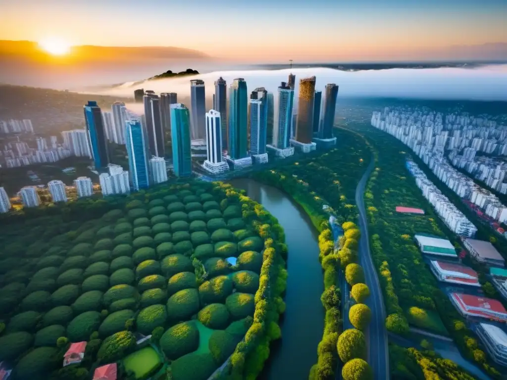 Horizonte urbano y naturaleza: crecimiento dinámico en América Latina Atardecer en una ciudad vibrante de América Latina, con rascacielos modernos, vegetación exuberante y un río serpenteante