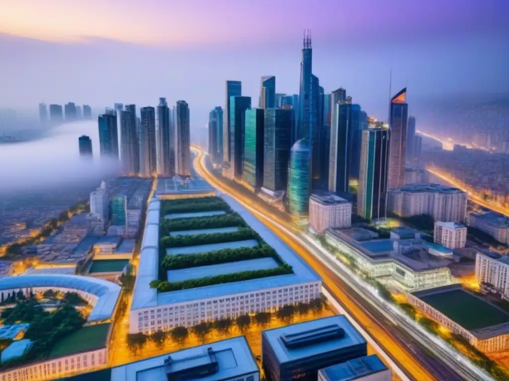 Vista aérea impresionante de metrópolis moderna al anochecer Un atardecer deslumbrante en una ciudad bulliciosa con rascacielos contemporáneos y espacios verdes, iluminada por luces de la ciudad