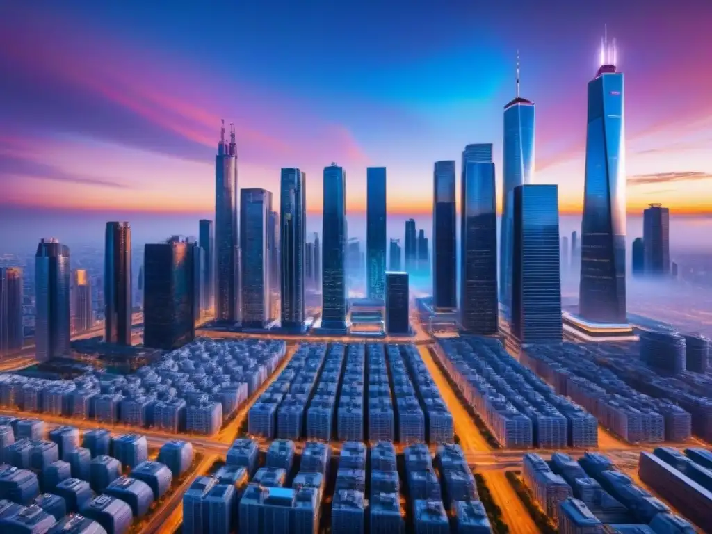 Metrópolis futurista: IA avanzada y drones en una ciudad digital de 8K Atardecer digital en una ciudad futurista con inteligencia artificial, drones y marketing influencer