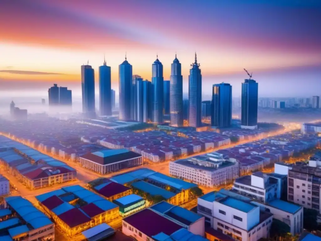 Paisaje urbano africano: mercado inmobiliario en auge Atardecer dorado sobre metrópolis africana con rascacielos modernos y mercados callejeros bulliciosos