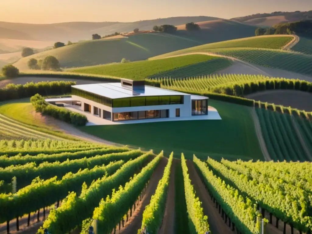 Viñedo moderno al atardecer: fusión de tradición y arquitectura innovadora Atardecer dorado en bodega moderna rodeada de viñedos, simbolizando la inversión en turismo vinícola internacional