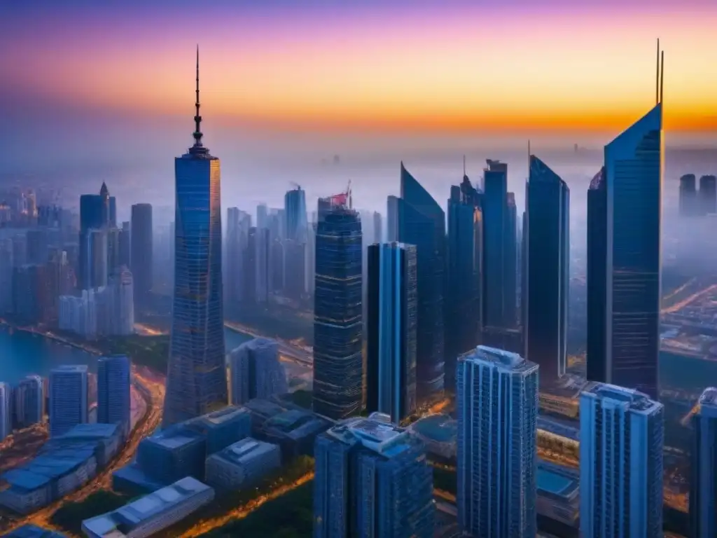 Metrópolis dorada: vida urbana en crecimiento Un atardecer dorado sobre el bullicio de una ciudad en crecimiento, reflejando el impacto elecciones mercado inmobiliario internacional