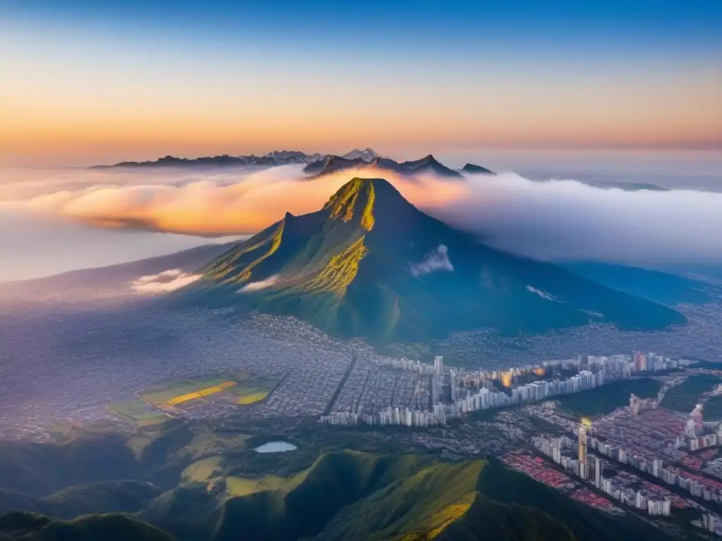 Oportunidades financieras globales: Ciudad moderna y montañas al atardecer Atardecer dorado en ciudad bulliciosa con rascacielos y montañas, simbolizando refinanciamiento estratégico mercado inmobiliario internacional