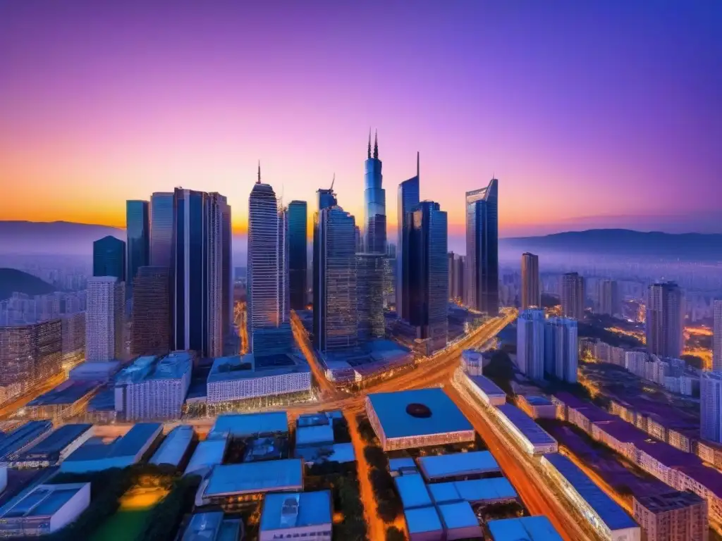 Paisaje urbano al atardecer: modernidad y naturaleza fusionadas Un atardecer dorado sobre una ciudad bulliciosa, con rascacielos modernos iluminados