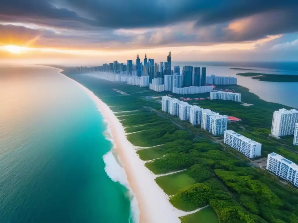 Postal costera: atardecer dorado y cambio climático Atardecer dorado en ciudad costera: aguas azules, playas blancas, edificios altos, vegetación exuberante