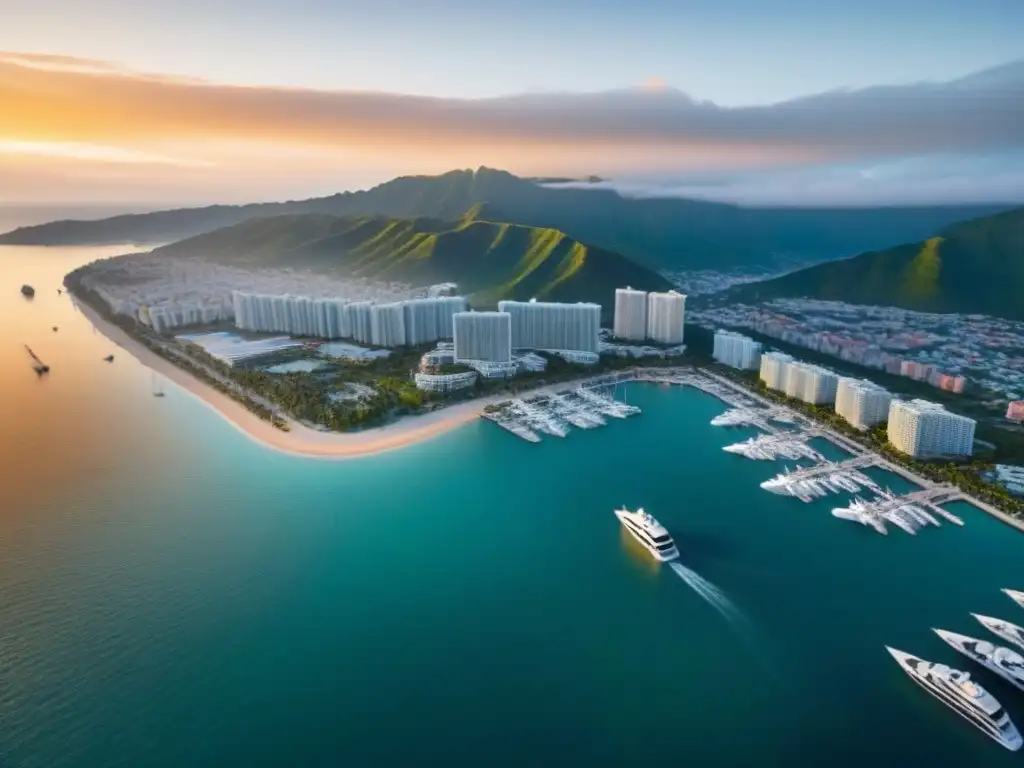 Esplendor costero: ciudad moderna y lujosa al atardecer Atardecer dorado en una ciudad costera vibrante con rascacielos modernos, hoteles de lujo y yates en un muelle
