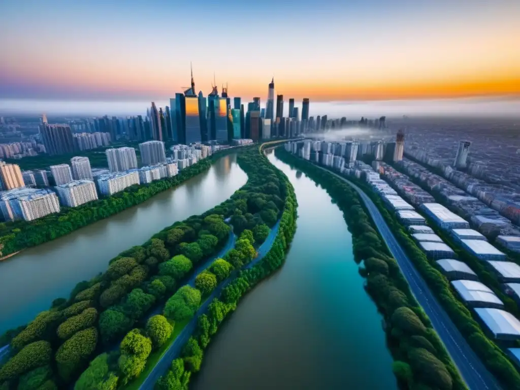 Metrópolis moderna al atardecer: luces, ríos y contrastes Atardecer dorado en ciudad emergente; redes de calles y ríos contrastan con rascacielos y vegetación, reflejo de mercados inmobiliarios emergentes influenciados por política e inversores