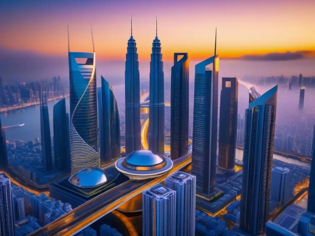 Metrópolis futurista: rascacielos dorados y coches voladores Un atardecer dorado ilumina una ciudad futurista con rascacielos interconectados por pasarelas transparentes