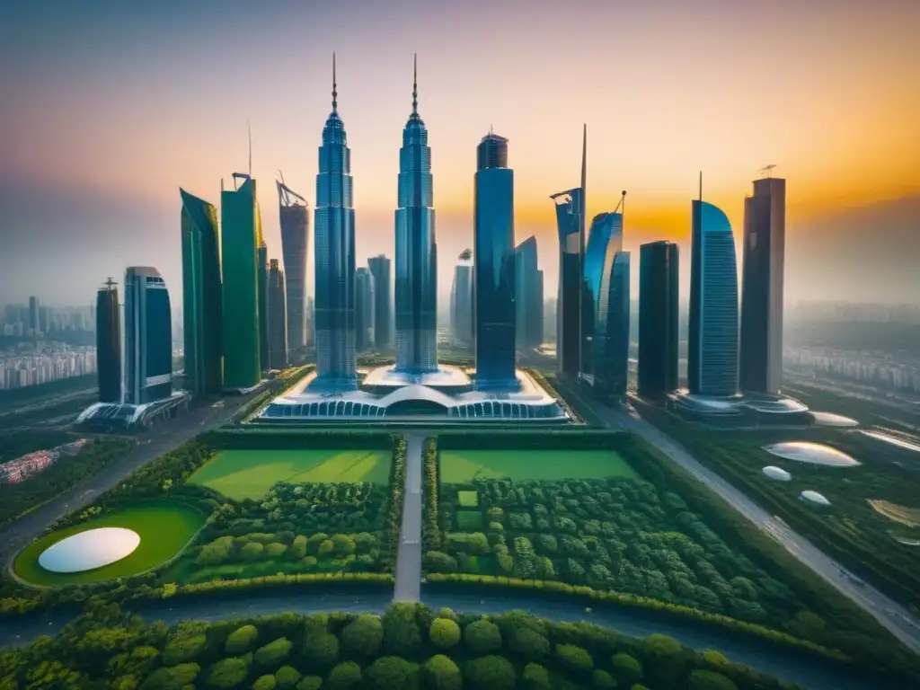 Metropolis futurista: rascacielos dorados al atardecer Atardecer dorado en la ciudad futurista con rascacielos altos y parques verdes
