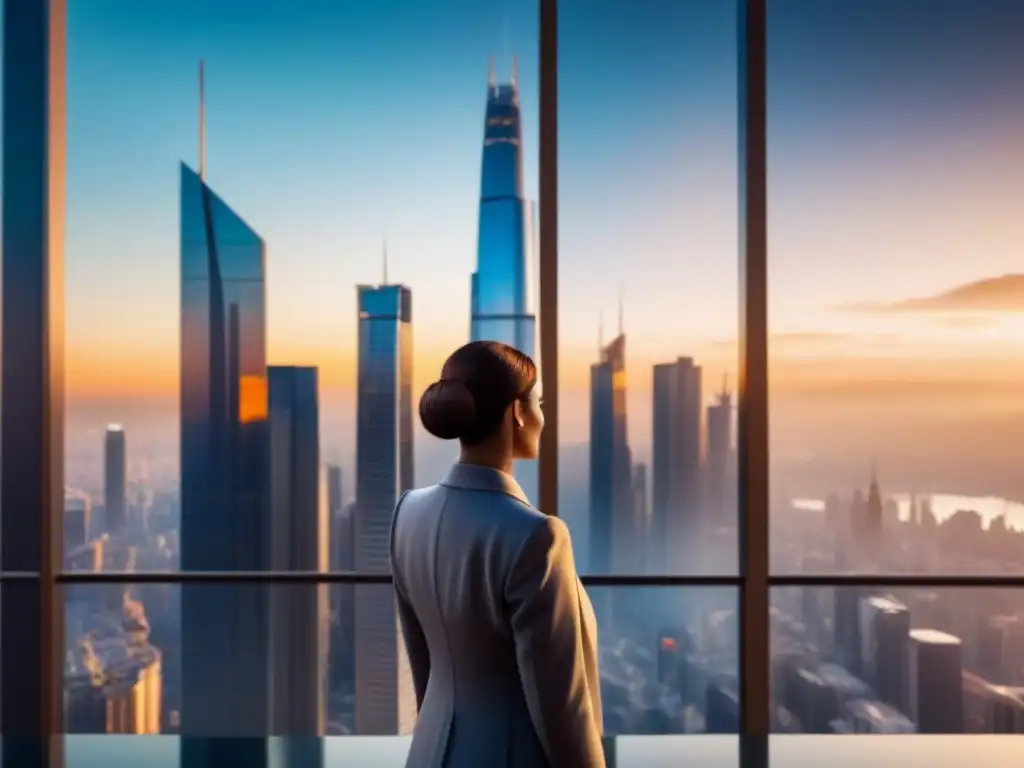 Skyline futurista: inversión inmobiliaria internacional Un atardecer dorado ilumina una ciudad futurista con rascacielos, mientras profesionales debaten tendencias mercado inmobiliario internacional
