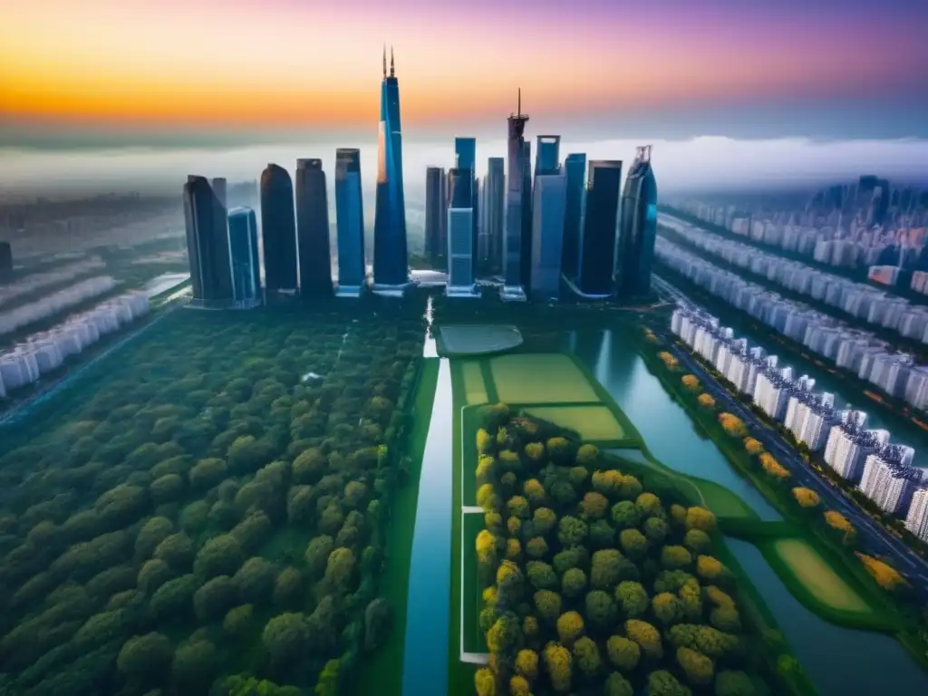 Horizonte urbano moderno y próspero al atardecer Atardecer dorado en una ciudad moderna y próspera, ideal para inversiones inmobiliarias en mercados estables