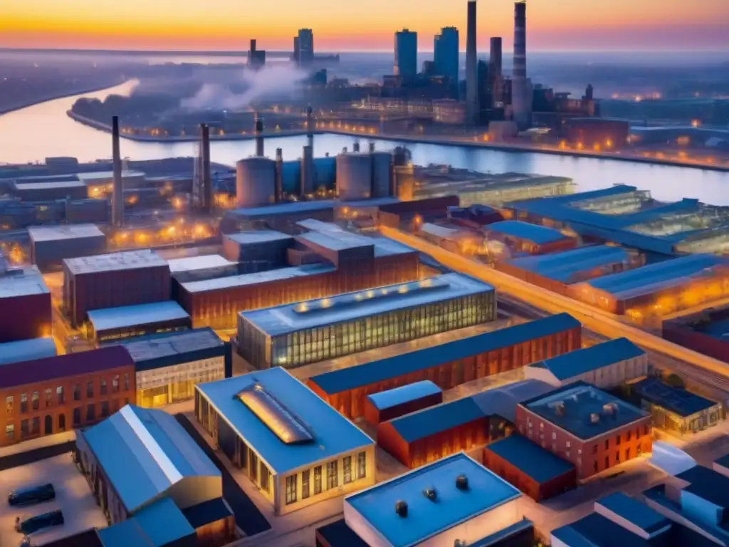 Esplendor urbano: fábricas transformadas en lofts de lujo al atardecer Atardecer dorado sobre ciudad postindustrial con fábricas transformadas en modernos lofts
