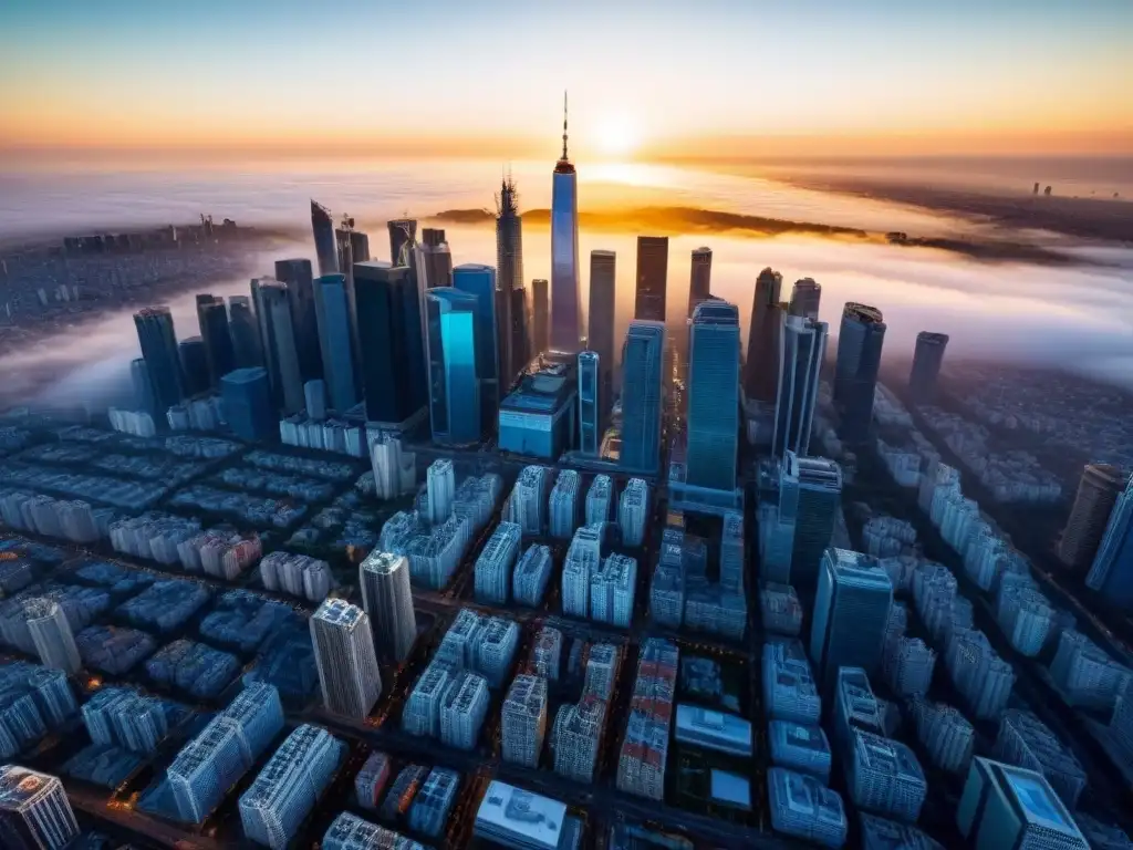 Metrópolis global: inversión inmobiliaria internacional en ascenso Atardecer dorado sobre la ciudad con rascacielos iluminados