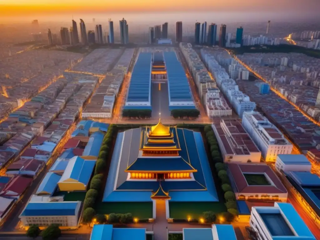 Cityscape vibrante en el Sudeste Asiático: tradición y modernidad Atardecer dorado sobre la ciudad del Sudeste Asiático, ideal para inversión inmobiliaria principiantes