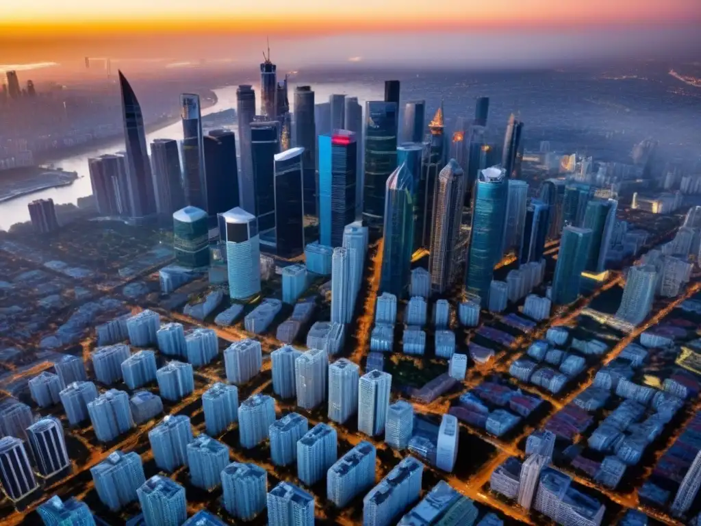 Horizonte urbano al atardecer: inversión inmobiliaria internacional Atardecer dorado sobre una ciudad vibrante con rascacielos y calles bulliciosas
