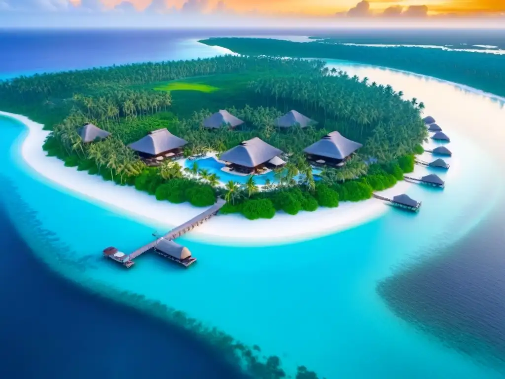 Paraíso exclusivo: resort de isla privada al atardecer Atardecer dorado en desarrollo resorts lujo islas privadas con villas sobre el agua y playas blancas