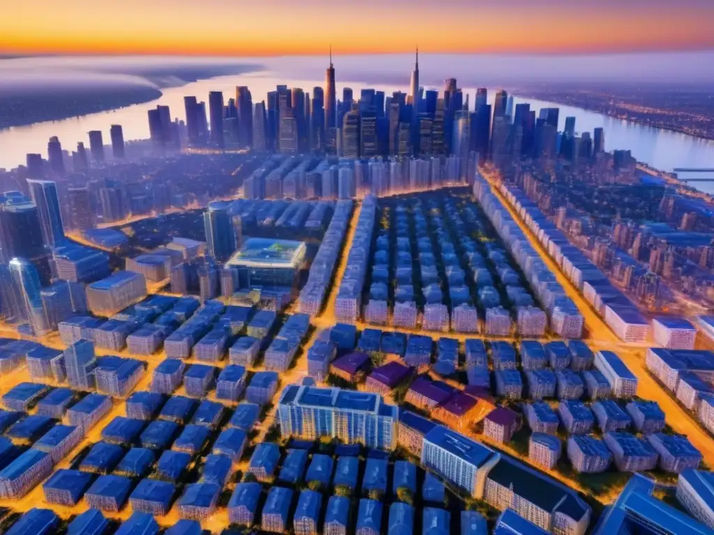Metrópolis futurista: innovación y elegancia en América del Norte Un atardecer dorado ilumina Desarrollos inmobiliarios Norteamérica 2023: rascacielos futuristas y calles llenas de vida