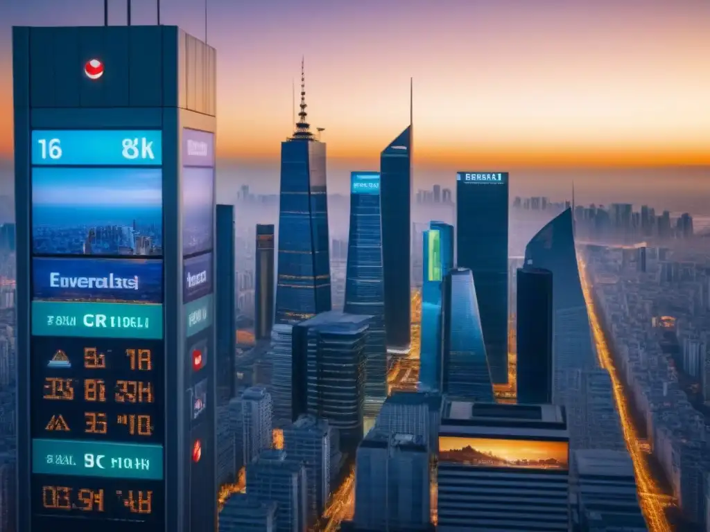 Horizonte urbano: precios inmobiliarios y tasas de cambio en la ciudad al atardecer Atardecer dorado refleja fluctuaciones cambiarias en precios de bienes raíces en ciudad de rascacielos